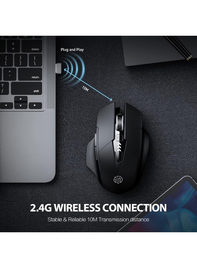 ماوس لاسلكي صامت قابل لإعادة الشحن، بطارية مرئية، دقة 2400 نقطة في البوصة، 6 أزرار، ماوس كبير مريح للابتوب، الكمبيوتر، ماك، بي سي وما إلى ذلك. - Image 3